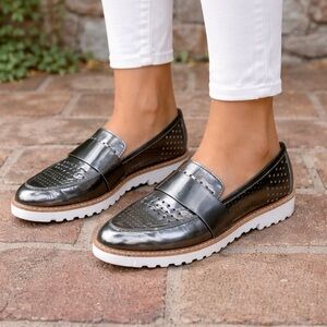 HALOGEN Shiny Metallic Perforated Leather Loafers, 8.5M